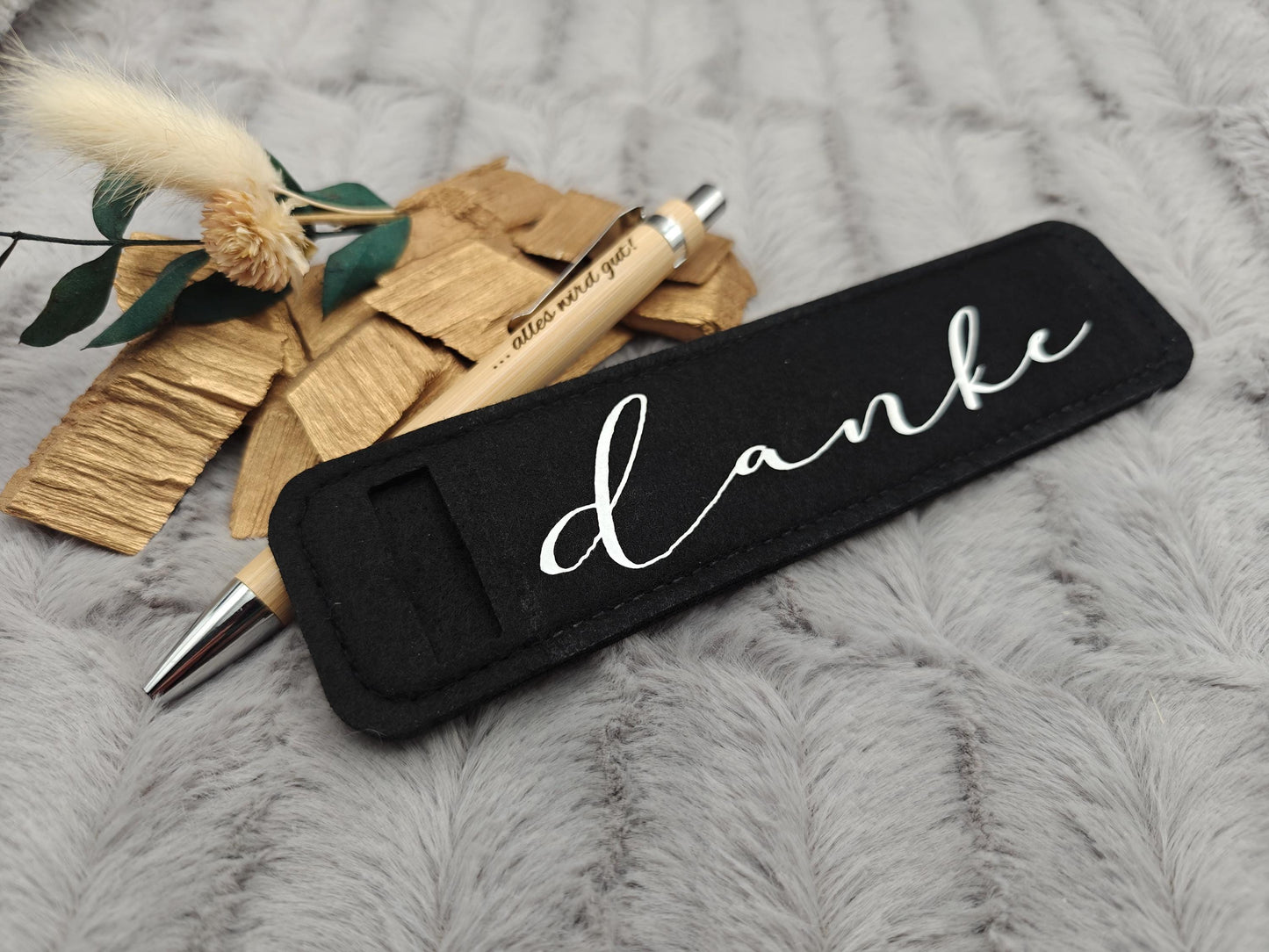 Kugelschreiber personalisiert aus Bambus mit Gravur und Filzetui mit Danke schwarz Kuli Stift Holz Gastgeschenk Geschenk Gift