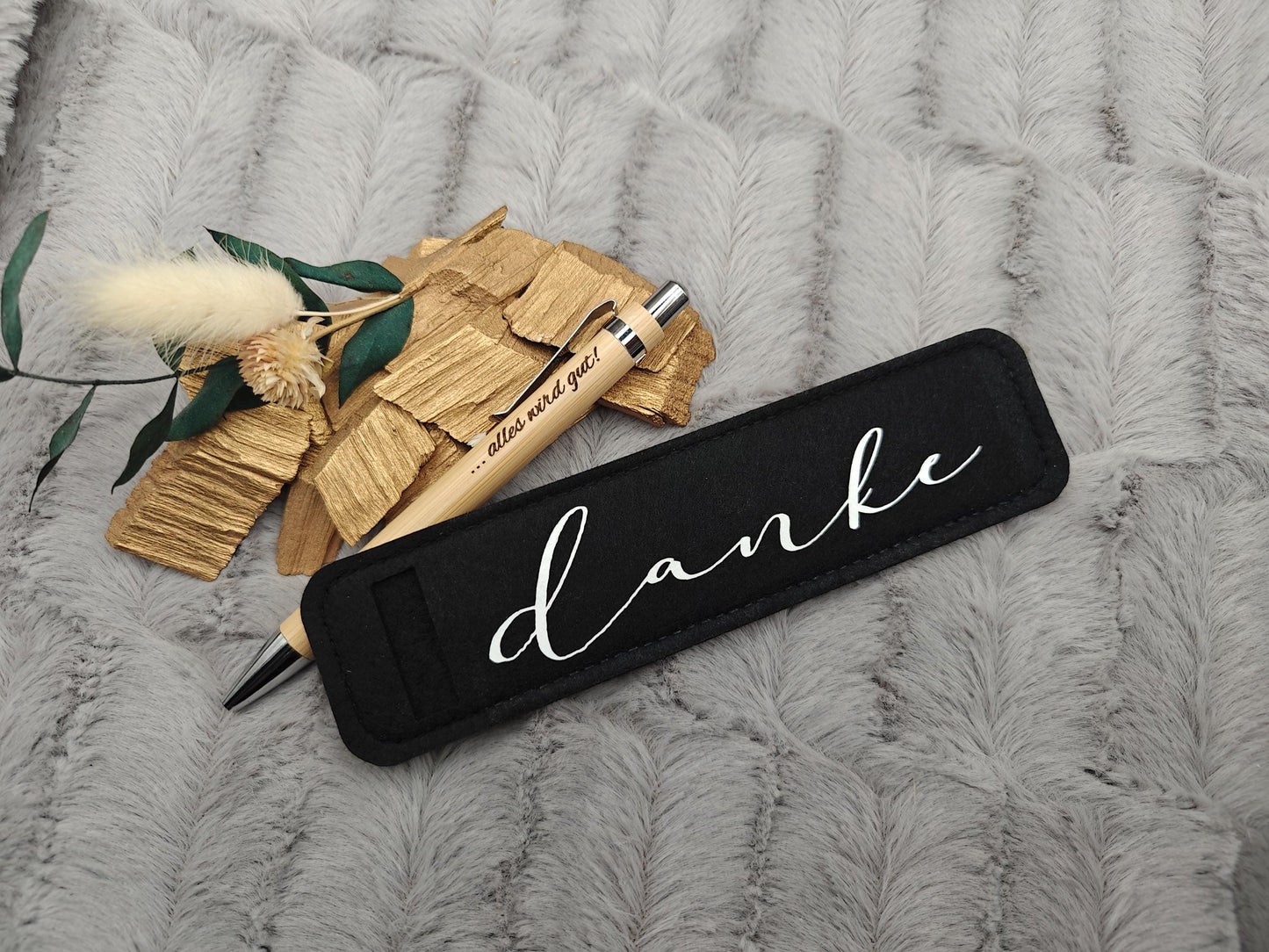 Kugelschreiber personalisiert aus Bambus mit Gravur und Filzetui mit Danke schwarz Kuli Stift Holz Gastgeschenk Geschenk Gift