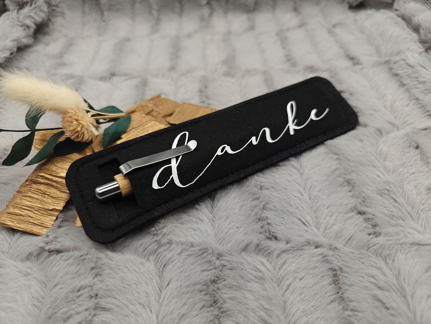 Kugelschreiber personalisiert aus Bambus mit Gravur und Filzetui mit Danke schwarz Kuli Stift Holz Gastgeschenk Geschenk Gift