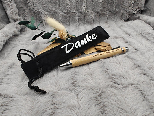 Kugelschreiber personalisiert aus Bambus mit Gravur und Samtetui mit Kordel mit Danke schwarz Kuli Stift Holz Gastgeschenk Geschenk Gift