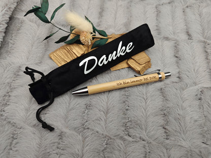 Kugelschreiber personalisiert aus Bambus mit Gravur und Samtetui mit Kordel mit Danke schwarz Kuli Stift Holz Gastgeschenk Geschenk Gift