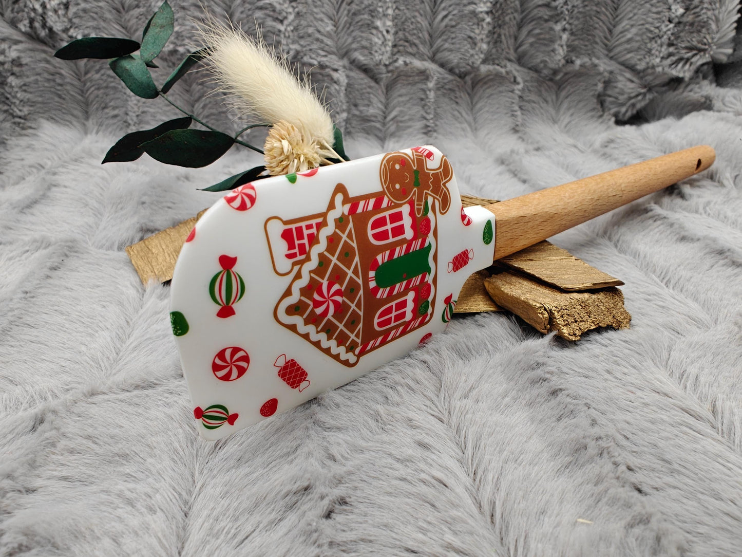 Silikonspatel Weihnachten Lebkuchenhaus Teigschaber backen, kochen ca. 23 cm lang mit Wunschgravur personalisiert Geschenk