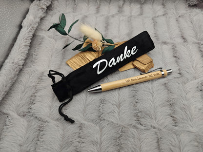 Kugelschreiber personalisiert aus Bambus mit Gravur und Samtetui mit Kordel mit Danke schwarz Kuli Stift Holz Gastgeschenk Geschenk Gift