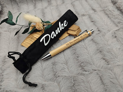 Kugelschreiber personalisiert aus Bambus mit Gravur und Samtetui mit Kordel mit Danke schwarz Kuli Stift Holz Gastgeschenk Geschenk Gift