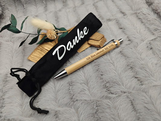 Kugelschreiber personalisiert aus Bambus mit Gravur und Samtetui mit Kordel mit Danke schwarz Kuli Stift Holz Gastgeschenk Geschenk Gift