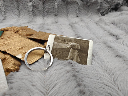 Schlüsselanhänger Edelstahl rechteckig mit Wunschgravur Foto individueller Gravur Geschenk Geschenkidee personalisiert