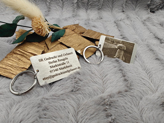 Schlüsselanhänger Edelstahl rechteckig mit Wunschgravur Foto individueller Gravur Geschenk Geschenkidee personalisiert