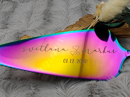Tortenheber Hochzeit personalisiert 2 in 1 Kuchenheber Tortenschaufel Edelstahl mit individueller Gravur 7 Farben