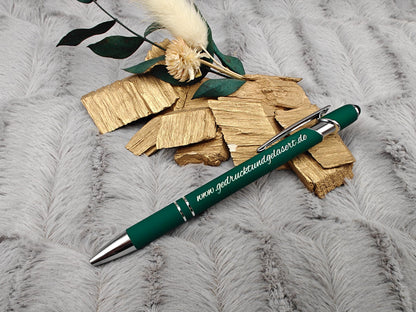 Kugelschreiber personalisiert mit Touchpen grün dunkelgrün oder schwarz aus Aluminium mit Gravur Kuli Stift Holz Gastgeschenk Geschenk