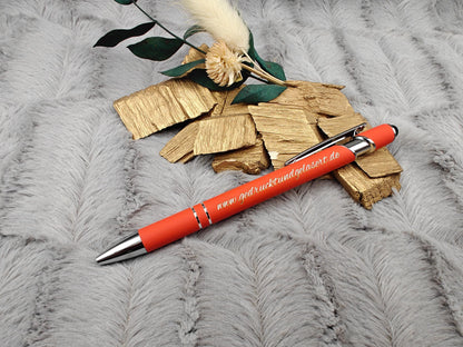 Kugelschreiber personalisiert mit Touchpen rot orange oder orangerot aus Aluminium mit Gravur Kuli Stift Holz Gastgeschenk Geschenk