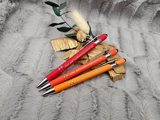 Kugelschreiber personalisiert mit Touchpen rot orange oder orangerot aus Aluminium mit Gravur Kuli Stift Holz Gastgeschenk Geschenk