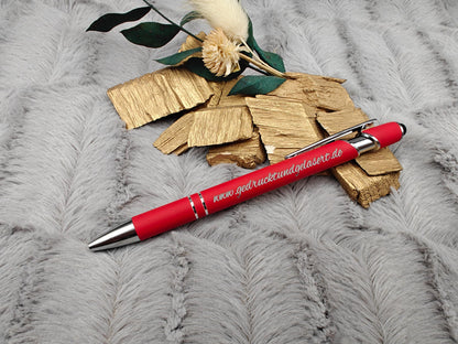 Kugelschreiber personalisiert mit Touchpen rot orange oder orangerot aus Aluminium mit Gravur Kuli Stift Holz Gastgeschenk Geschenk