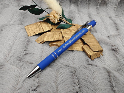 Kugelschreiber personalisiert mit Touchpen blau himmelblau oder dunkelblau aus Aluminium mit Gravur Kuli Stift Holz Gastgeschenk Geschenk