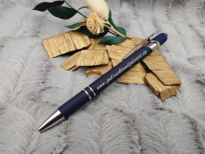 Kugelschreiber personalisiert mit Touchpen blau himmelblau oder dunkelblau aus Aluminium mit Gravur Kuli Stift Holz Gastgeschenk Geschenk