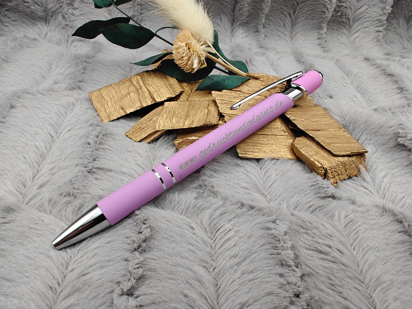 Kugelschreiber personalisiert mit Touchpen lila flieder dunkellila aus Aluminium mit Gravur Kuli Stift Holz Gastgeschenk Geschenk
