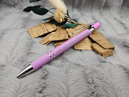 Kugelschreiber personalisiert mit Touchpen lila flieder dunkellila aus Aluminium mit Gravur Kuli Stift Holz Gastgeschenk Geschenk