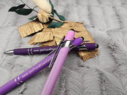 Kugelschreiber personalisiert mit Touchpen lila flieder dunkellila aus Aluminium mit Gravur Kuli Stift Holz Gastgeschenk Geschenk