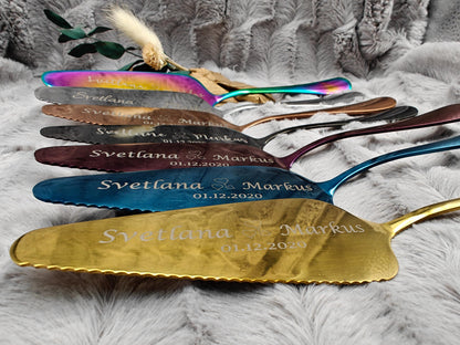 Tortenheber Hochzeit personalisiert 2 in 1 Kuchenheber Tortenschaufel Edelstahl mit individueller Gravur 7 Farben