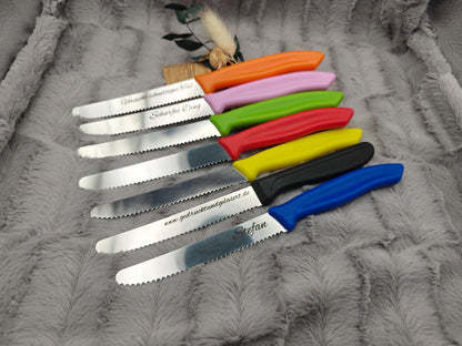 Messer personalisiert Küchenmesser Tomatenmesser mit individueller Gravur 11 cm Klinge 7 Farben zur Wahl