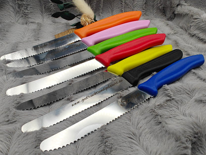 Messer personalisiert Küchenmesser Tomatenmesser mit individueller Gravur 11 cm Klinge 7 Farben zur Wahl