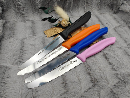Messer personalisiert Küchenmesser Tomatenmesser mit individueller Gravur 11 cm Klinge 7 Farben zur Wahl