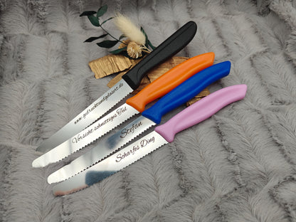 Messer personalisiert Küchenmesser Tomatenmesser mit individueller Gravur 11 cm Klinge 7 Farben zur Wahl