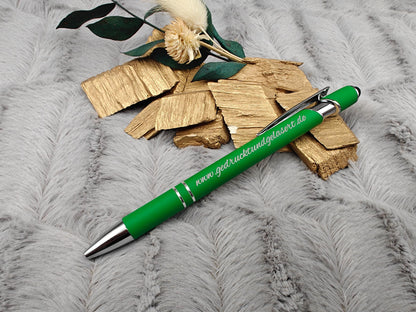 Kugelschreiber personalisiert mit Touchpen grün dunkelgrün oder schwarz aus Aluminium mit Gravur Kuli Stift Holz Gastgeschenk Geschenk