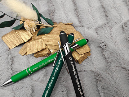 Kugelschreiber personalisiert mit Touchpen grün dunkelgrün oder schwarz aus Aluminium mit Gravur Kuli Stift Holz Gastgeschenk Geschenk