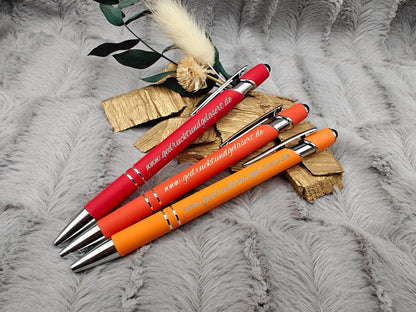 Kugelschreiber personalisiert mit Touchpen rot orange oder orangerot aus Aluminium mit Gravur Kuli Stift Holz Gastgeschenk Geschenk