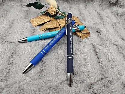Kugelschreiber personalisiert mit Touchpen blau himmelblau oder dunkelblau aus Aluminium mit Gravur Kuli Stift Holz Gastgeschenk Geschenk