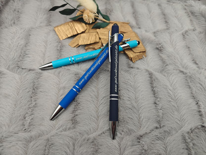 Kugelschreiber personalisiert mit Touchpen blau himmelblau oder dunkelblau aus Aluminium mit Gravur Kuli Stift Holz Gastgeschenk Geschenk