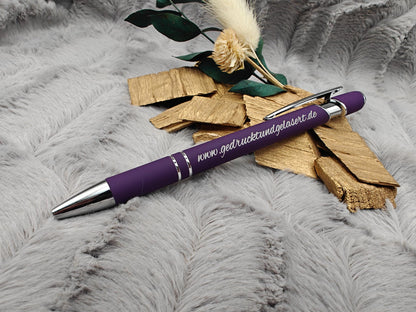 Kugelschreiber personalisiert mit Touchpen lila flieder dunkellila aus Aluminium mit Gravur Kuli Stift Holz Gastgeschenk Geschenk