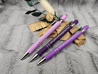 Kugelschreiber personalisiert mit Touchpen lila flieder dunkellila aus Aluminium mit Gravur Kuli Stift Holz Gastgeschenk Geschenk