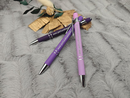 Kugelschreiber personalisiert mit Touchpen lila flieder dunkellila aus Aluminium mit Gravur Kuli Stift Holz Gastgeschenk Geschenk