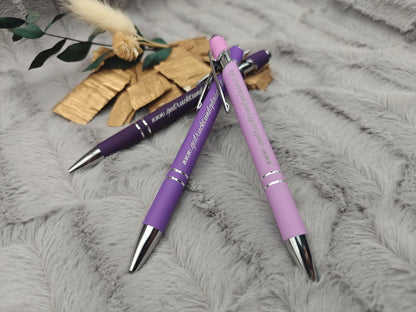 Kugelschreiber personalisiert mit Touchpen lila flieder dunkellila aus Aluminium mit Gravur Kuli Stift Holz Gastgeschenk Geschenk