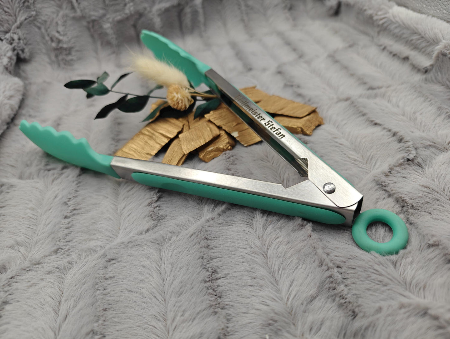 Grillzange personalisiert Küchenzange mintgrün 28 cm lang Vorlegezange mit Wunschgravur individuelles Geschenk Geschenkidee