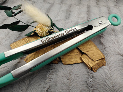 Grillzange personalisiert Küchenzange mintgrün 28 cm lang Vorlegezange mit Wunschgravur individuelles Geschenk Geschenkidee