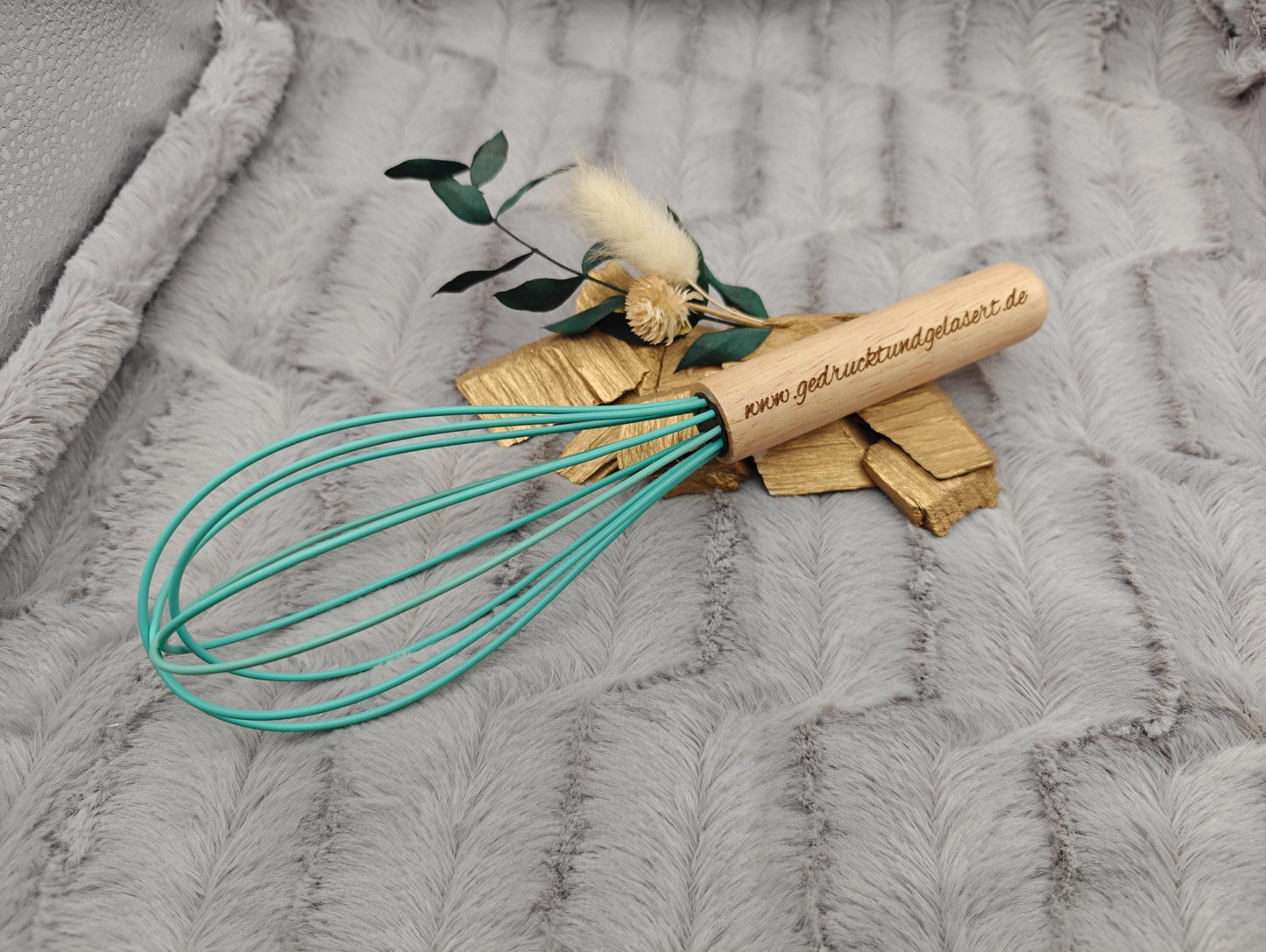 Schneebesen personalisiert mintgrün Silikon personalisiert Holz mintgrün kochen ca. 23,8 cm lang mit Gravur