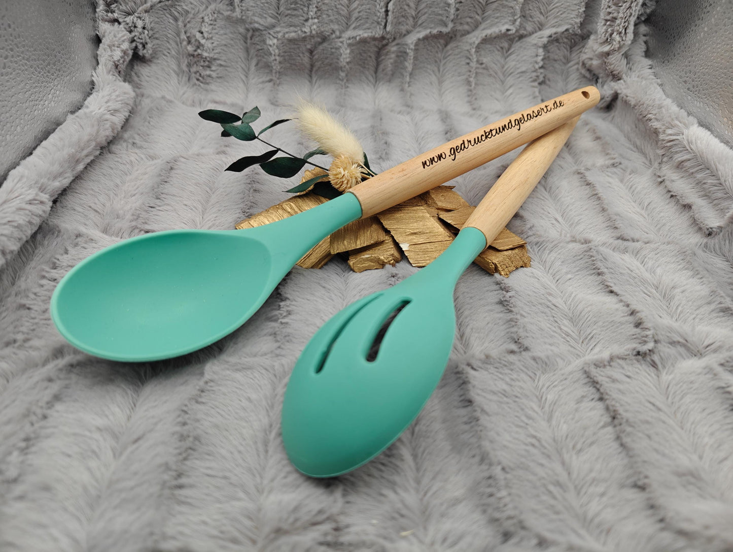 Salatbesteck personalisiert 30,5 cm lang mintgrün Kochlöffel Löffel backen, marinieren, kochen mit individueller Gravur Geschenk