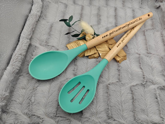 Salatbesteck personalisiert 30,5 cm lang mintgrün Kochlöffel Löffel backen, marinieren, kochen mit individueller Gravur Geschenk
