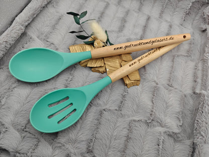Salatbesteck personalisiert 30,5 cm lang mintgrün Kochlöffel Löffel backen, marinieren, kochen mit individueller Gravur Geschenk