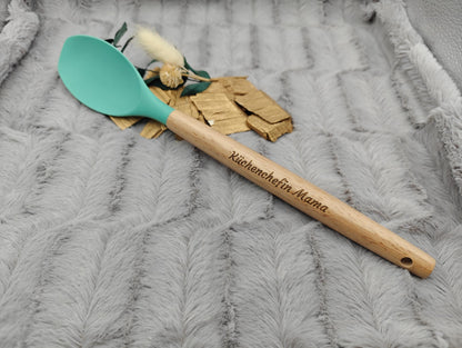 Kochlöffel personalisiert Pfannenwender Silikon ca. 31 cm lang mit Wunschgravur Geschenk Küchenhelfer mintgrün
