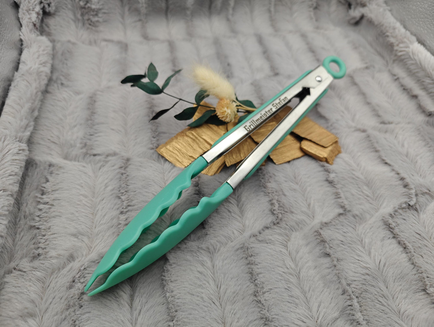 Grillzange personalisiert Küchenzange mintgrün 28 cm lang Vorlegezange mit Wunschgravur individuelles Geschenk Geschenkidee