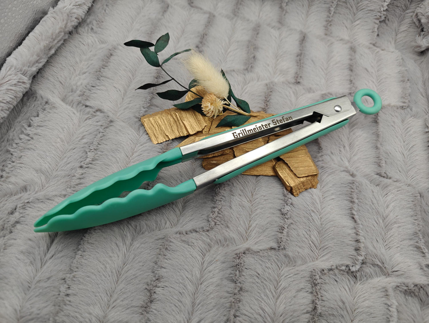 Grillzange personalisiert Küchenzange mintgrün 28 cm lang Vorlegezange mit Wunschgravur individuelles Geschenk Geschenkidee