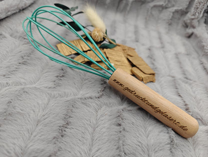 Schneebesen personalisiert mintgrün Silikon personalisiert Holz mintgrün kochen ca. 23,8 cm lang mit Gravur