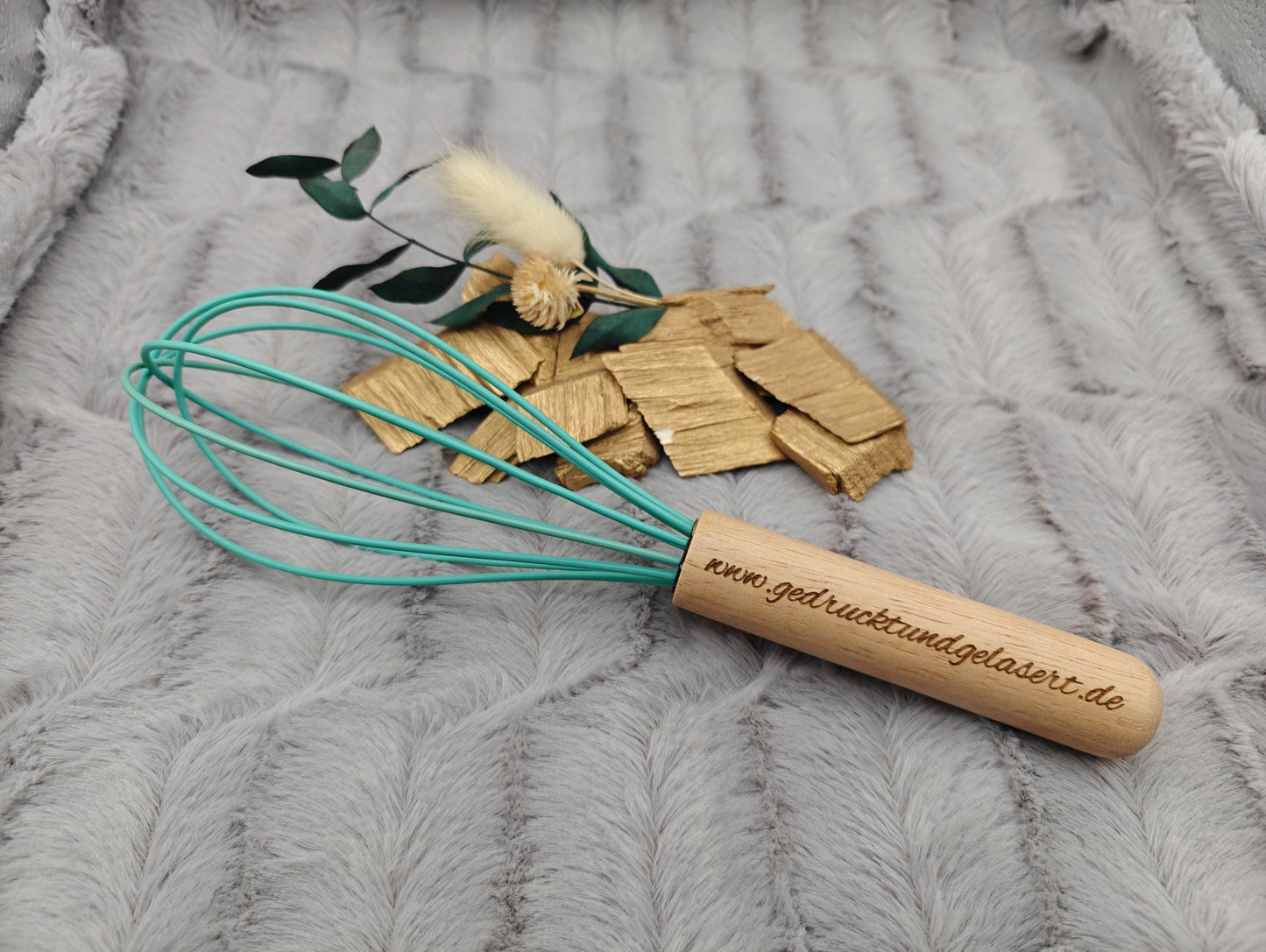 Schneebesen personalisiert mintgrün Silikon personalisiert Holz mintgrün kochen ca. 23,8 cm lang mit Gravur