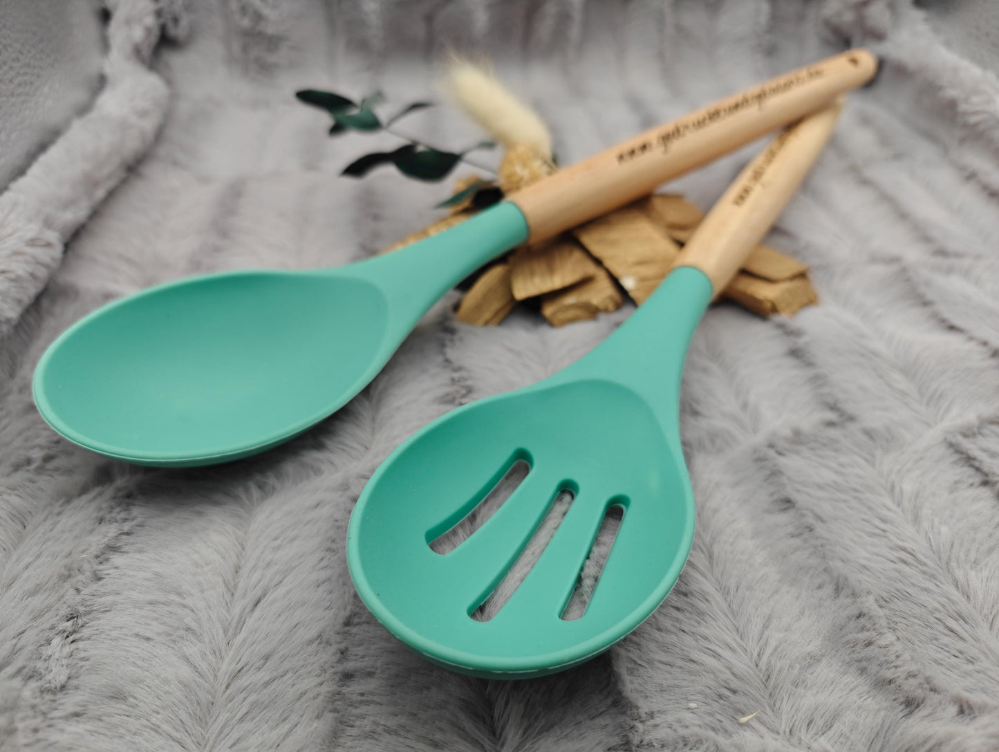 Salatbesteck personalisiert 30,5 cm lang mintgrün Kochlöffel Löffel backen, marinieren, kochen mit individueller Gravur Geschenk