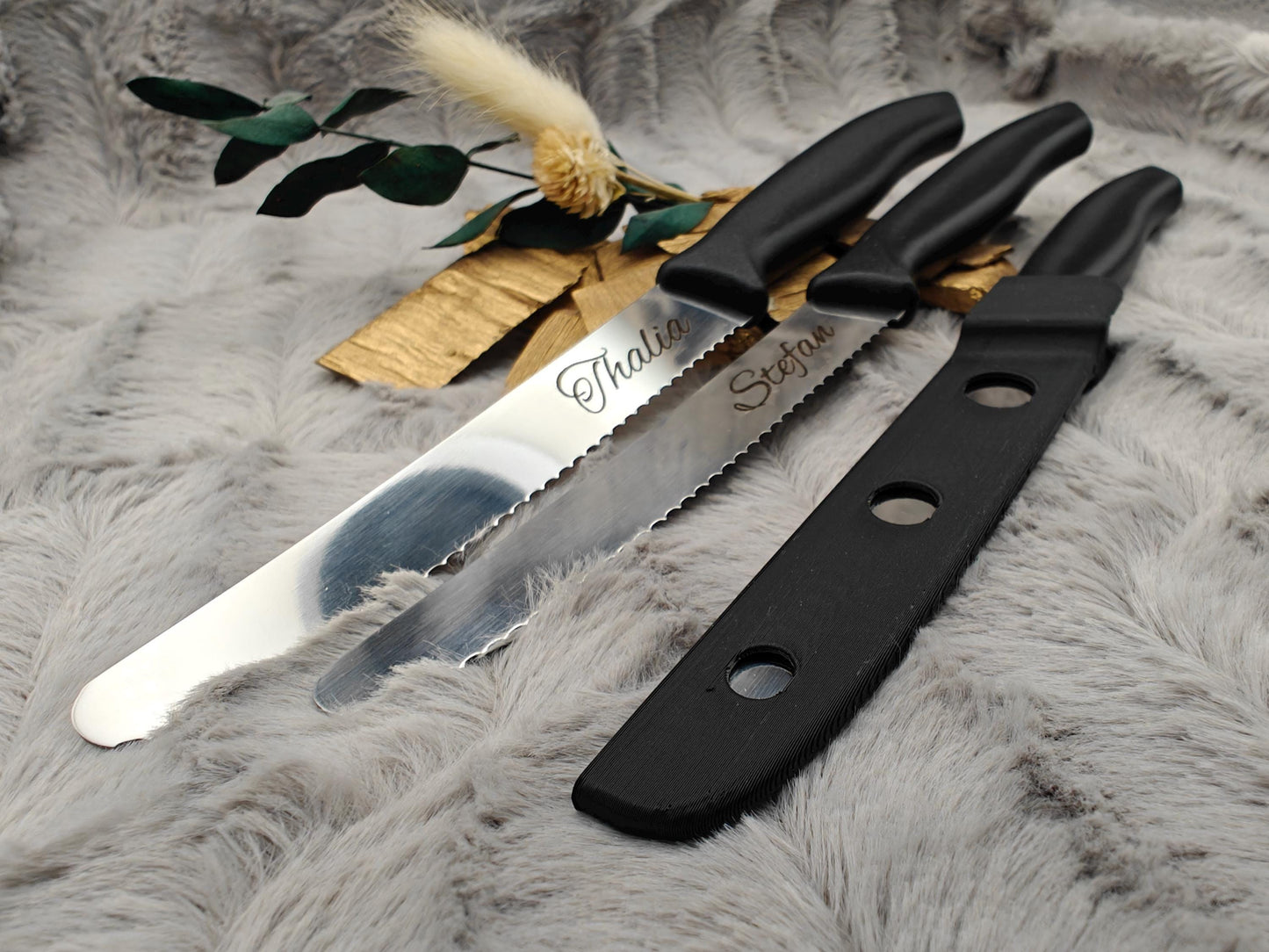 Personalisiertes Küchenmesser mit Gravur | Tomatenmesser Edelstahl 11 cm | Frühstücksmesser mit Name & 3D-gedruckten Klingenschutz