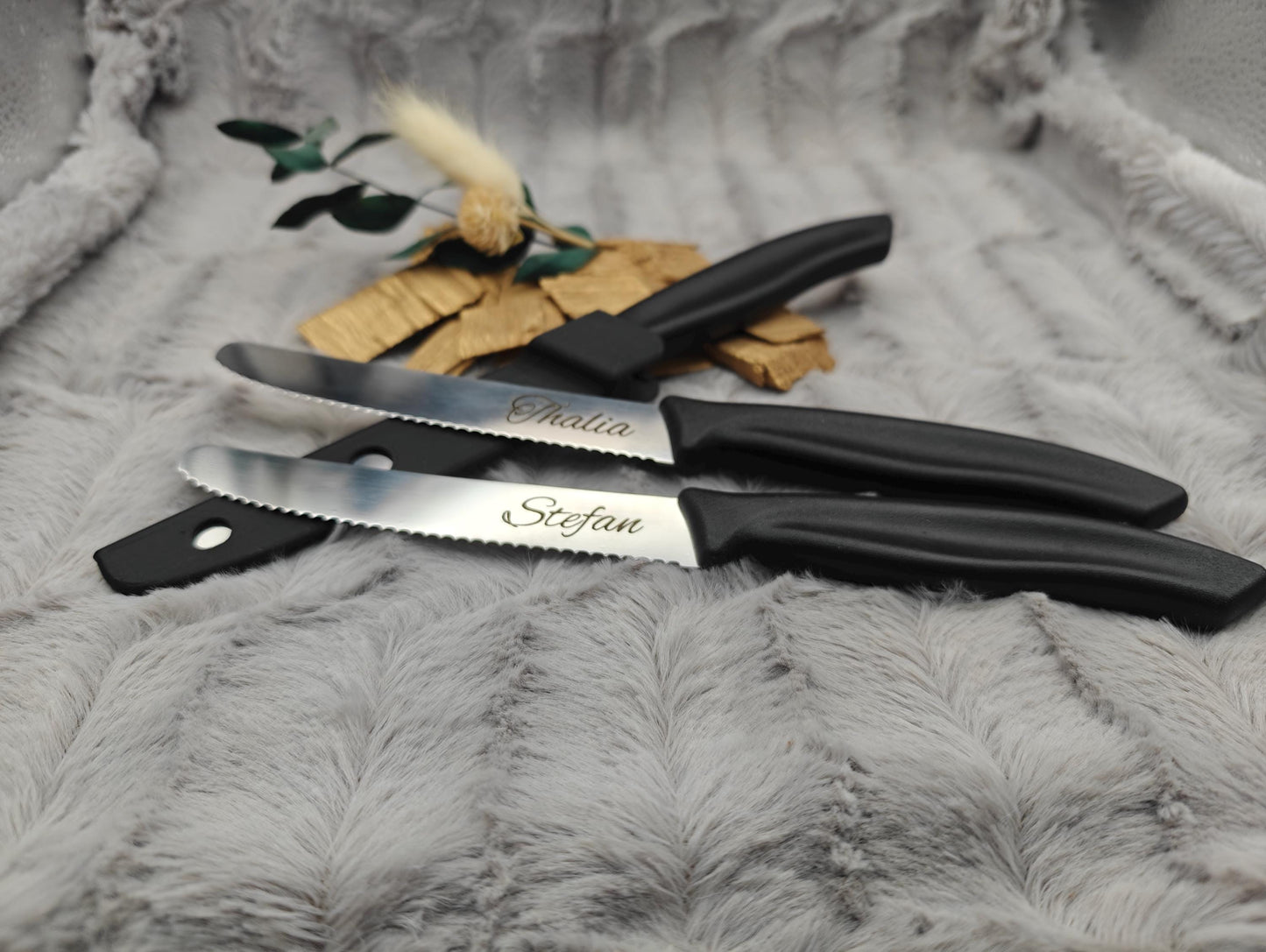 Personalisiertes Küchenmesser mit Gravur | Tomatenmesser Edelstahl 11 cm | Frühstücksmesser mit Name & 3D-gedruckten Klingenschutz