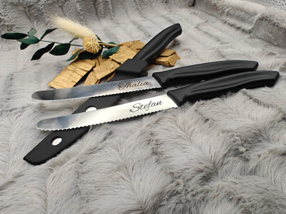 Personalisiertes Küchenmesser mit Gravur | Tomatenmesser Edelstahl 11 cm | Frühstücksmesser mit Name & 3D-gedruckten Klingenschutz